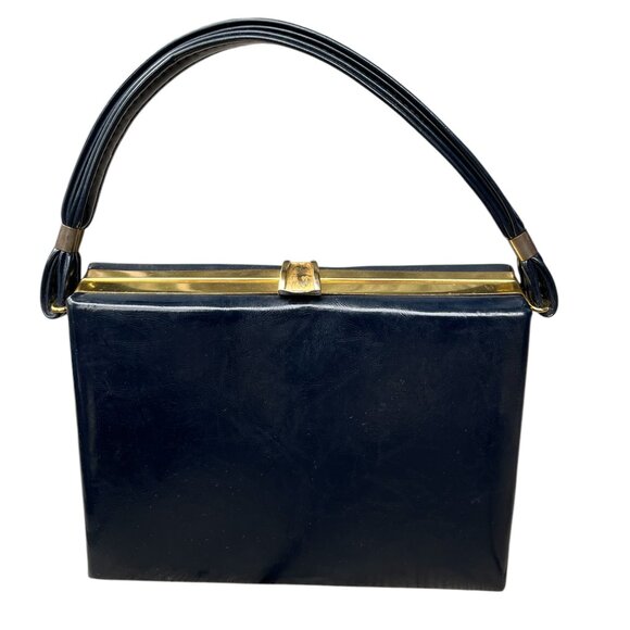 Vintage Navy Box Handbag Gold Hardware Top Handle 50s 60s Classic Chic - Picture 1 of 6